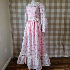 Vtg 60s 70s Pink Floral Eyelet Lace Romantic Coquette Prarie Maxi Dress S